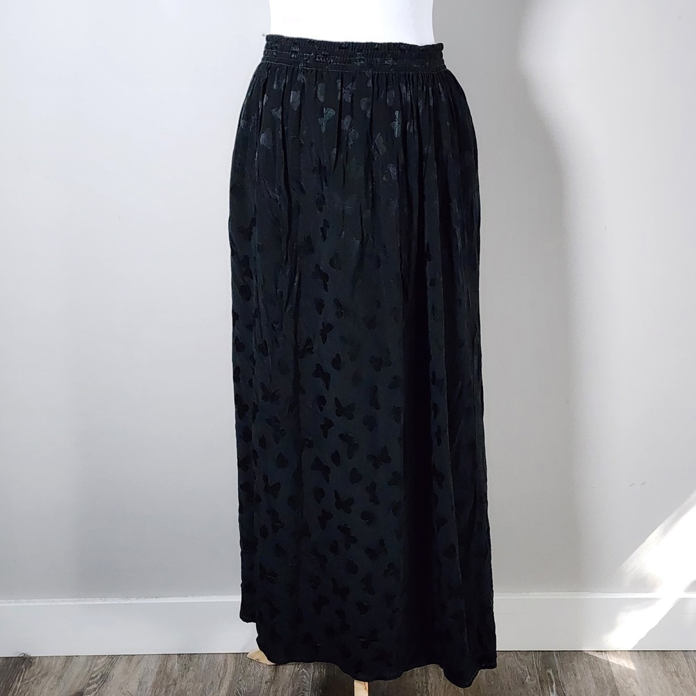 Butterfly Jacquard Maxi Skirt Womens L Black Elastic Waist Whimsigoth Witchy Alt